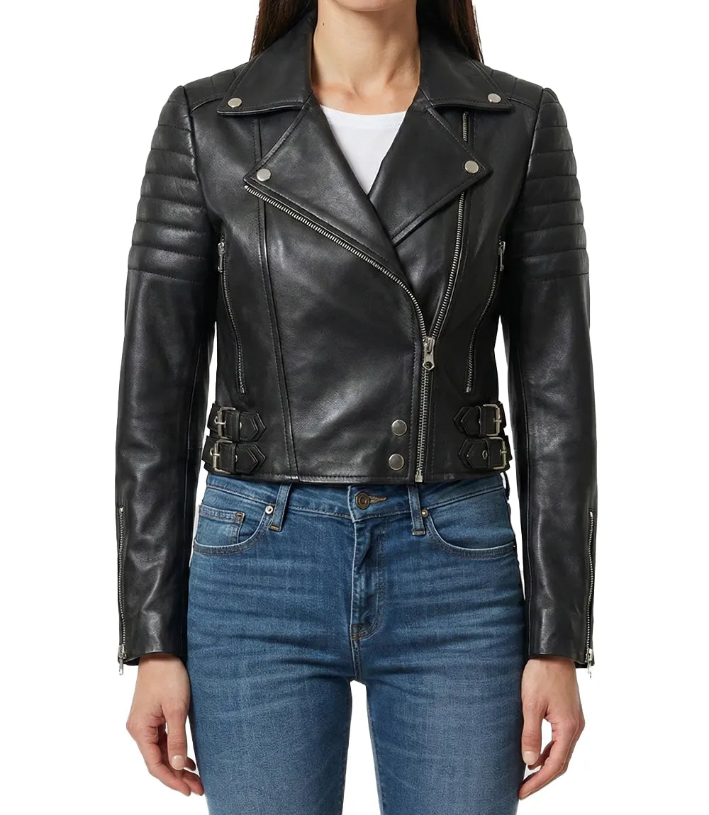 Blouson Moto Court En Cuir Noir Pour Femme