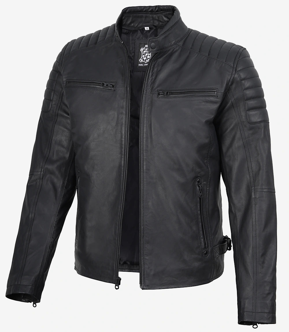 Blouson En Cuir Café Racer Noir Mat Rembourré Pour Homme