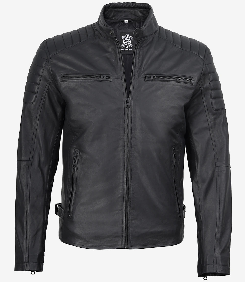 Blouson En Cuir Café Racer Noir Mat Rembourré