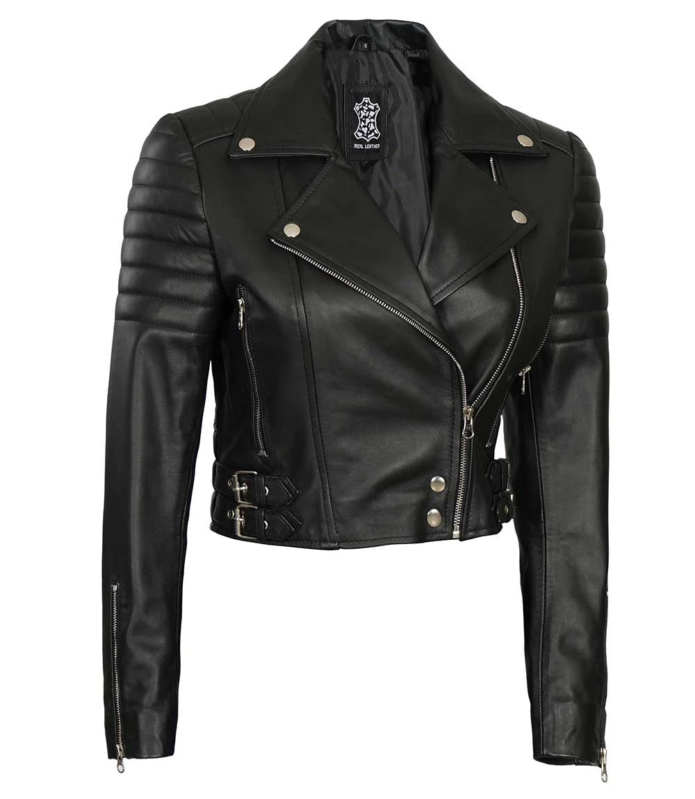 Blouson Moto Court En Cuir Noir Femme
