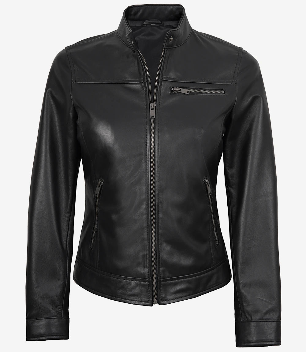Blouson En Cuir Véritable Café Racer Noir Femme