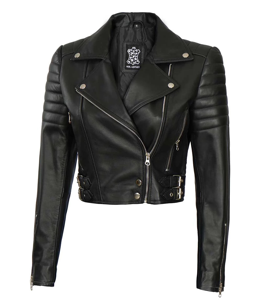 Blouson Moto Court En Cuir Noir Asymétrique Pour Femme