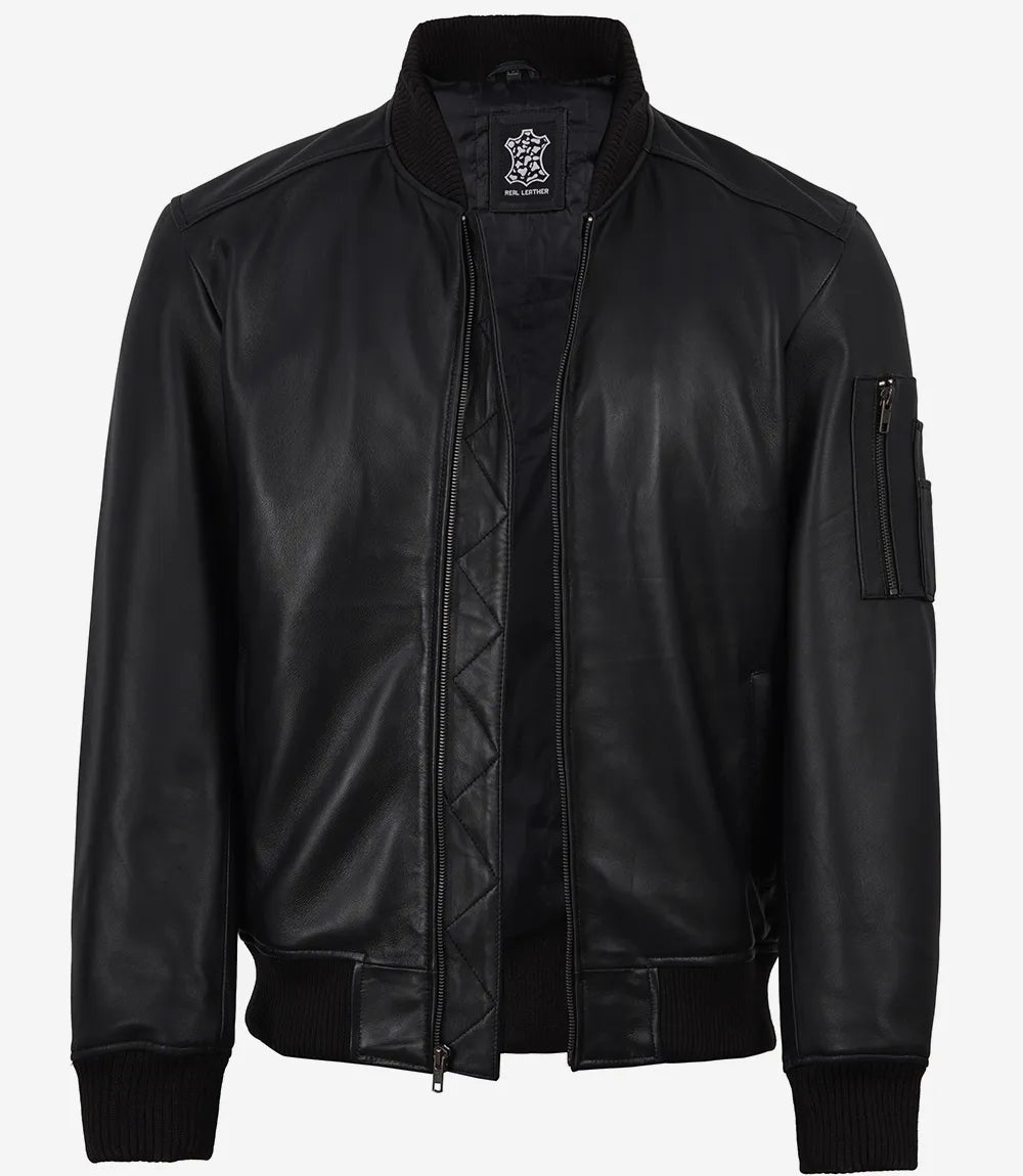 Blouson Aviateur en Cuir D'agneau Véritable Noir