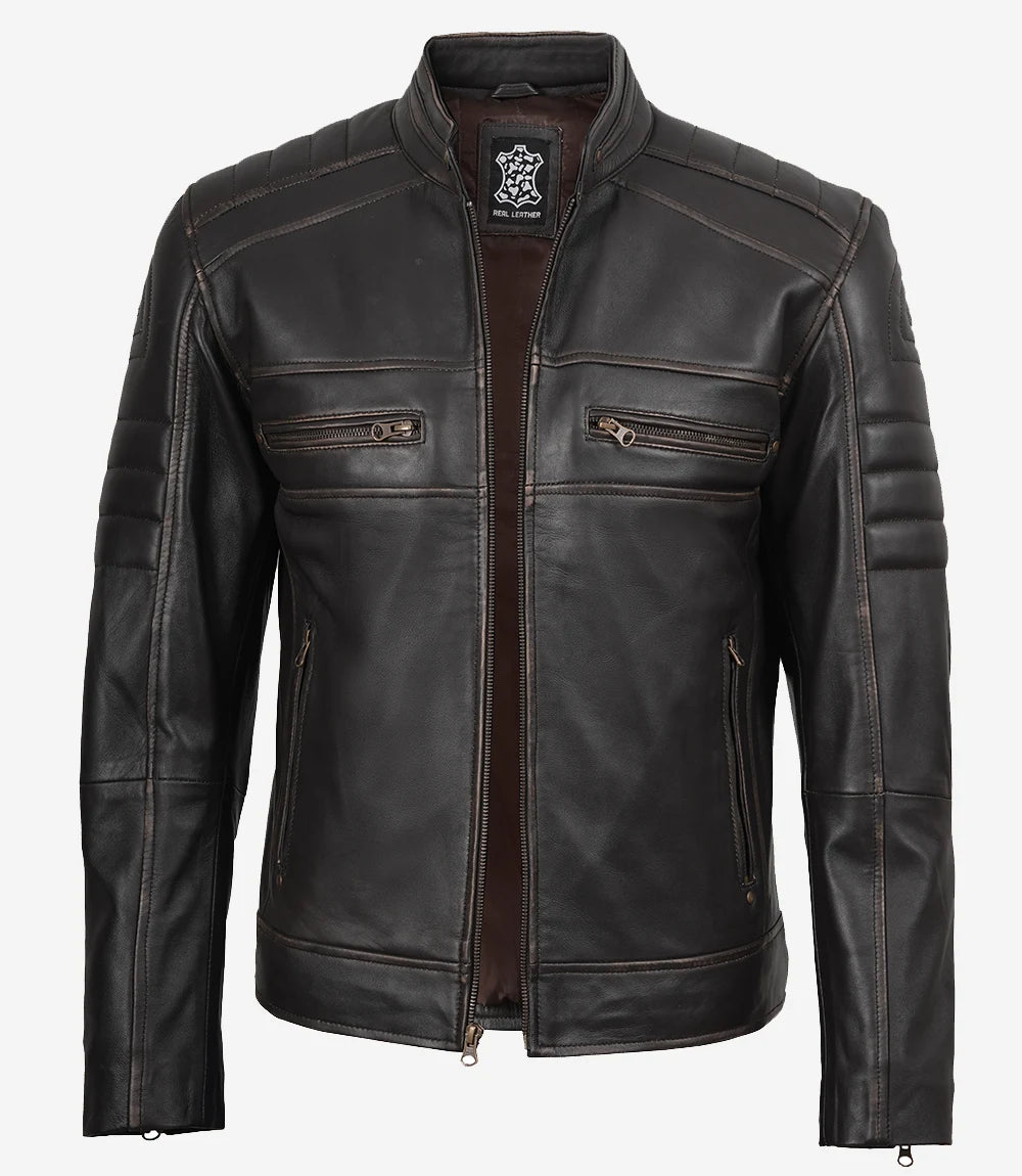 Blouson En Cuir Marron Rub Off Cafe Racer Homme