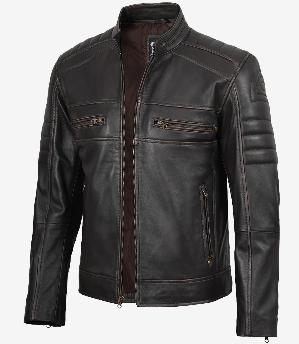 Blouson En Cuir Marron Rub Off Cafe Racer Pour Homme