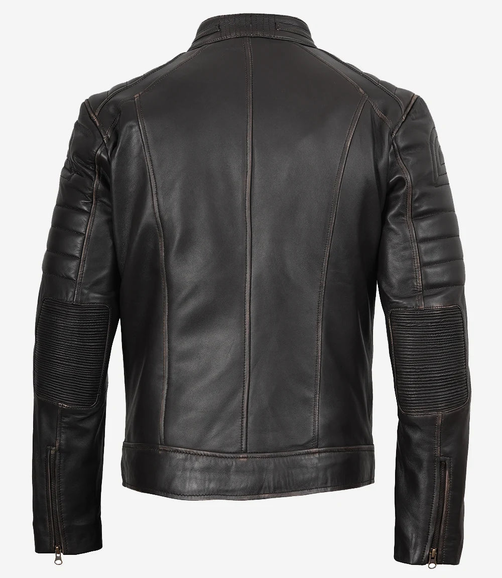 Blouson En Cuir Marron Cafe Racer Pour Homme