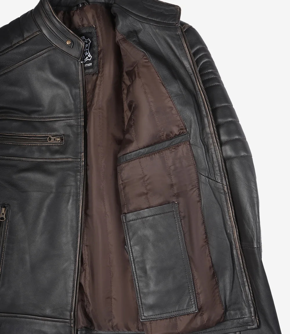 Blouson En Cuir Marron Rub Off Cafe Racer Homme