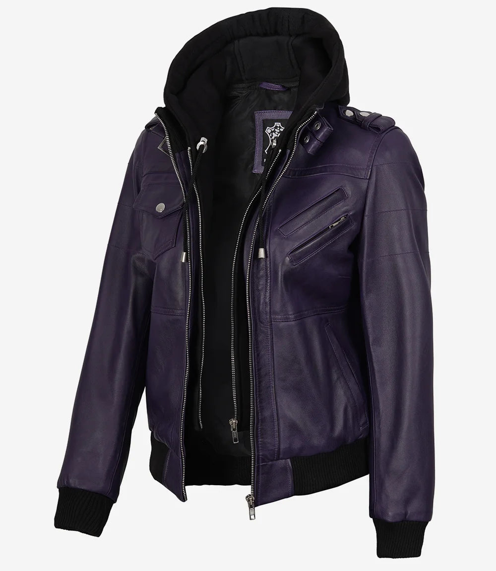 Blouson aviateur en cuir à capuche violet Edinburgh
