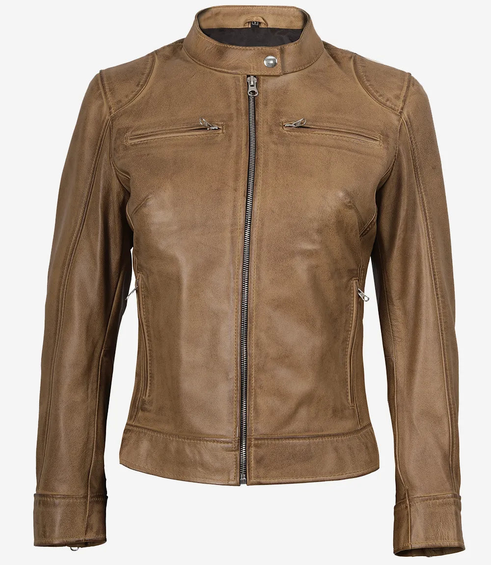 Blouson en cuir Camel marron Cafe Racer