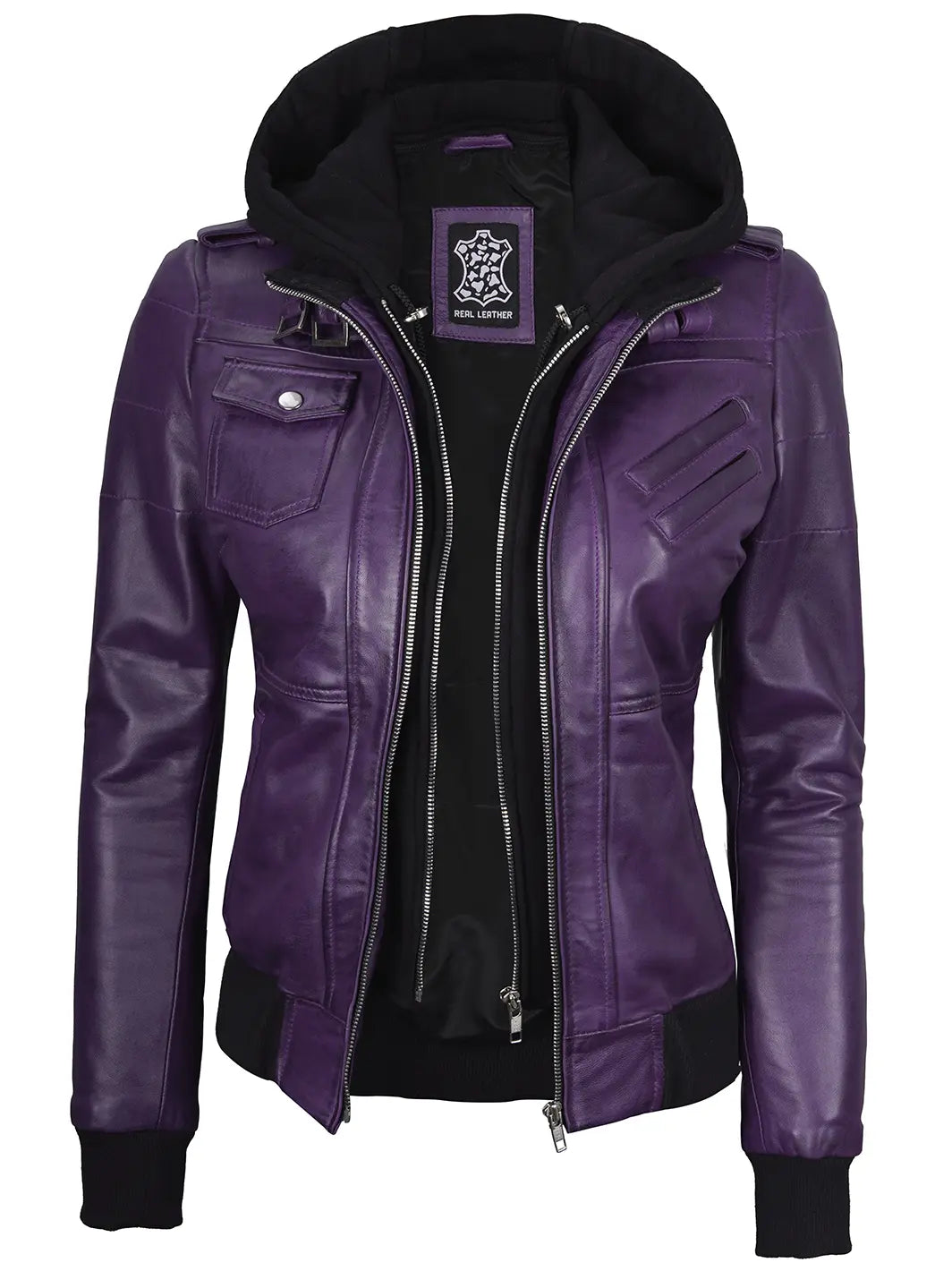 Blouson cuir à capuche bomber femme