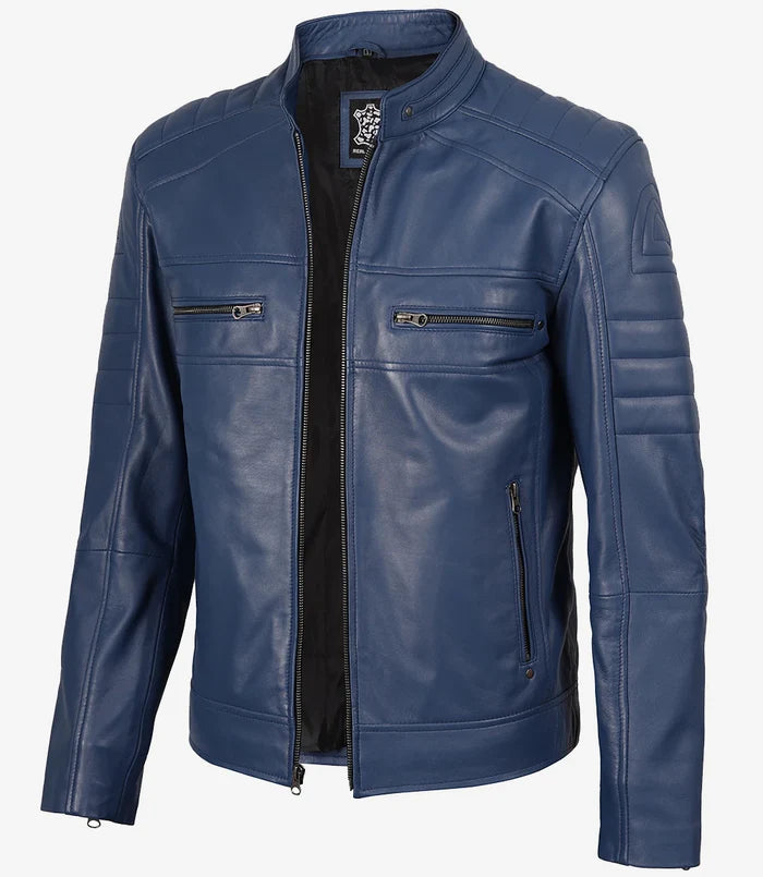 Café Racer Bleu Véritable Veste en Cuir pour Homme