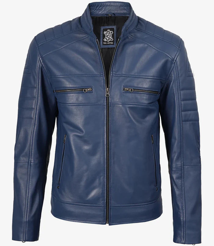 Café Racer Bleu Véritable Veste en Cuir Homme