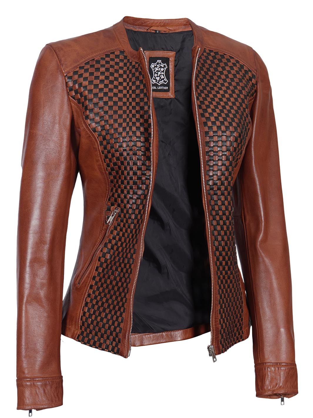 Veste de motard en cuir texturé marron Maude pour femme
