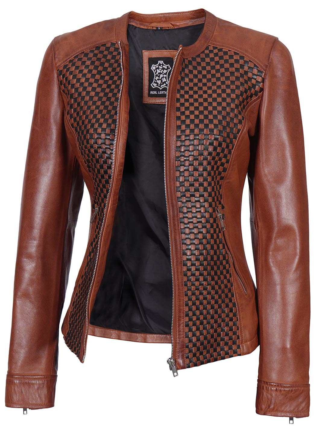 Veste de motard en cuir texturé marron Maude pour femme