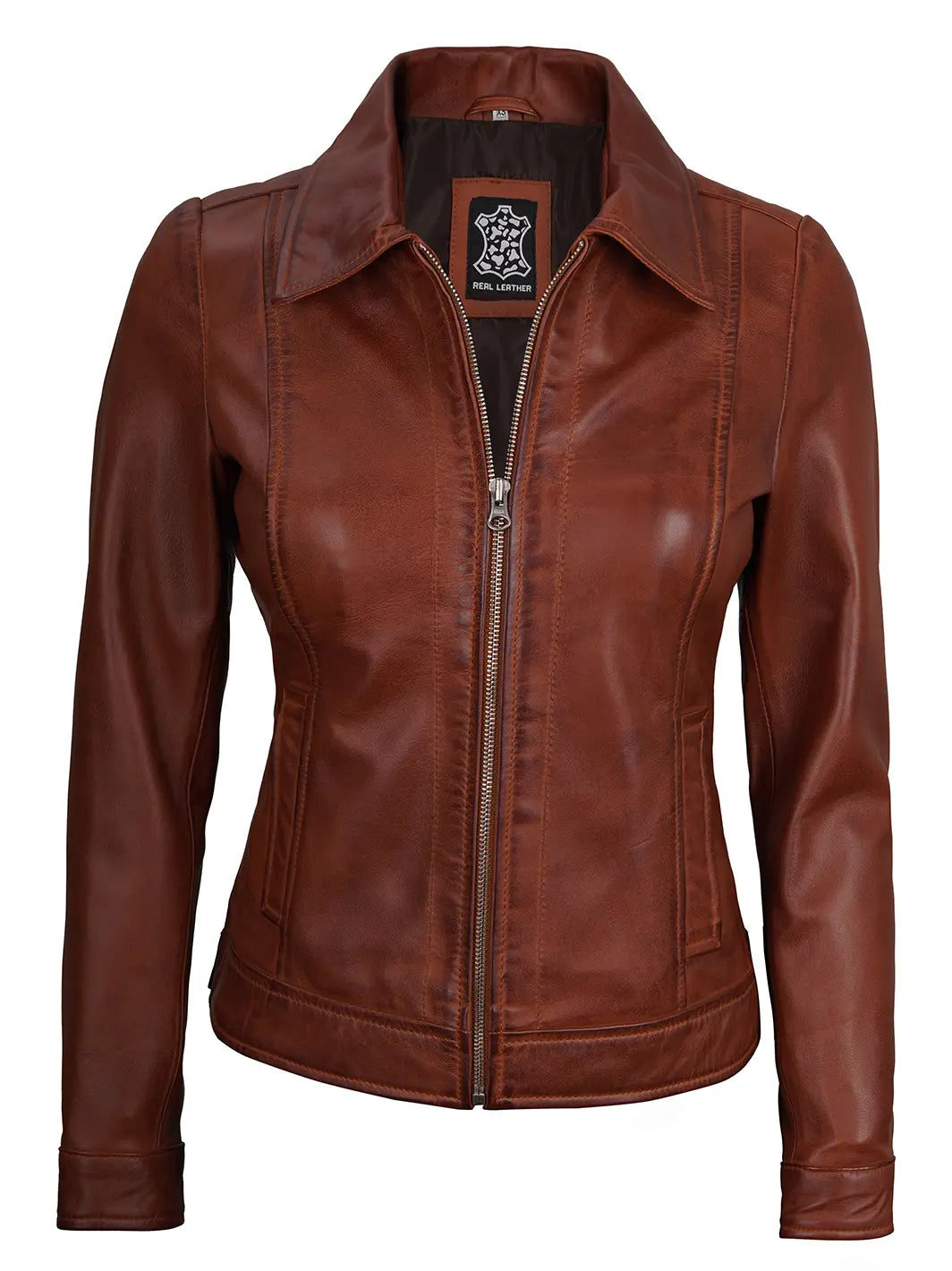 Veste cuir wax cognac pour femme