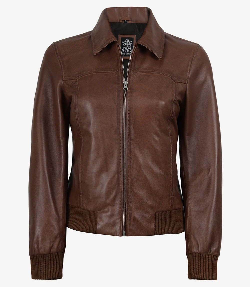 Harrington Femme Ciré Cognac Blouson en Cuir