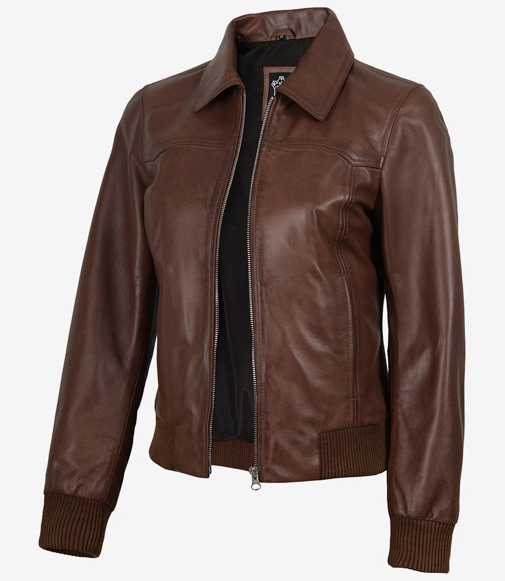 Harrington pour Femme Ciré Cognac Blouson Bomber en Cuir