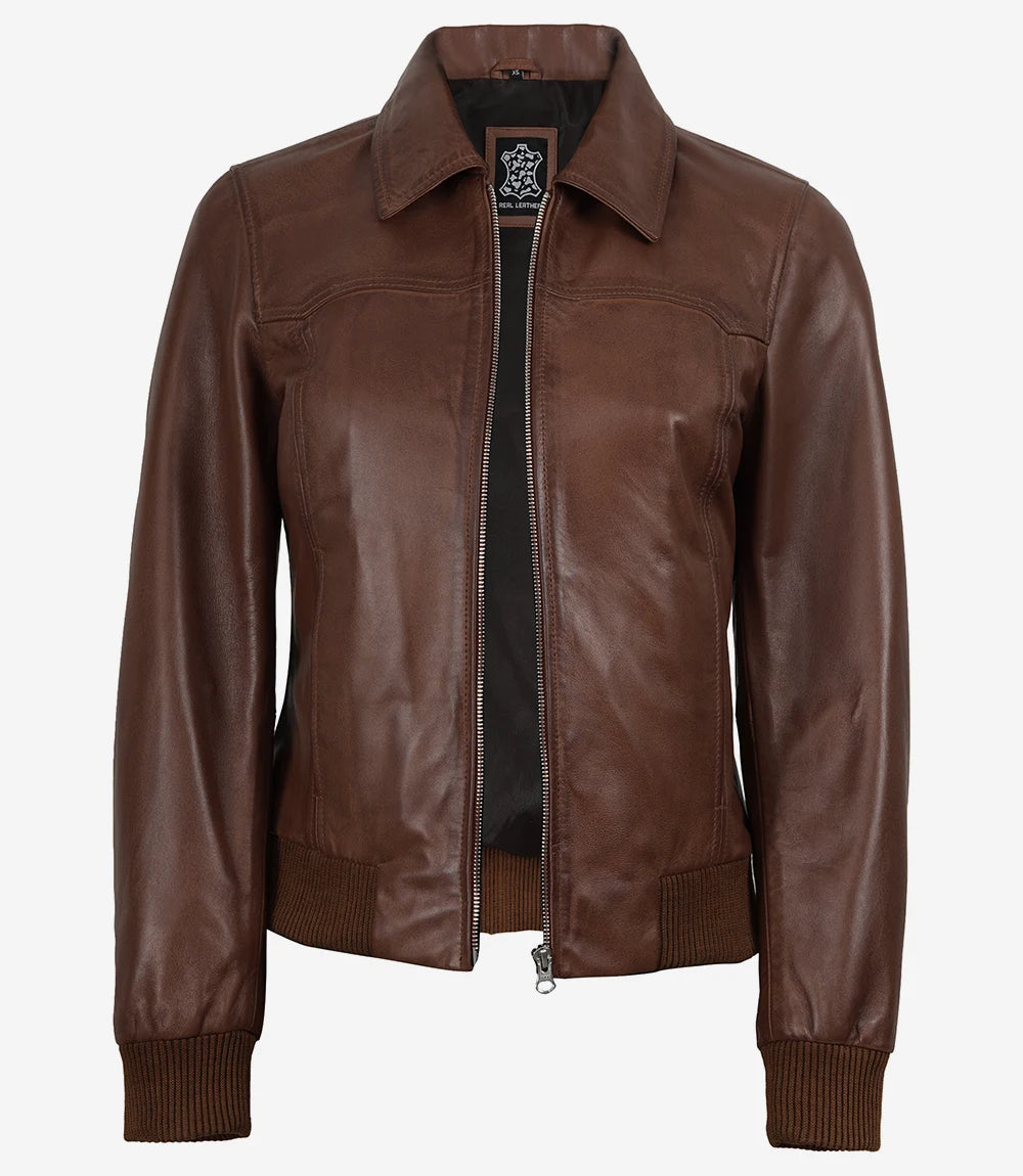 Harrington Femme Ciré Cognac Blouson Bomber en Cuir