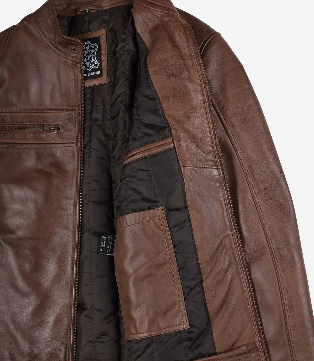 Pour Homme D’agneau Marron Cognac Veste Cafe Racer En Cuir