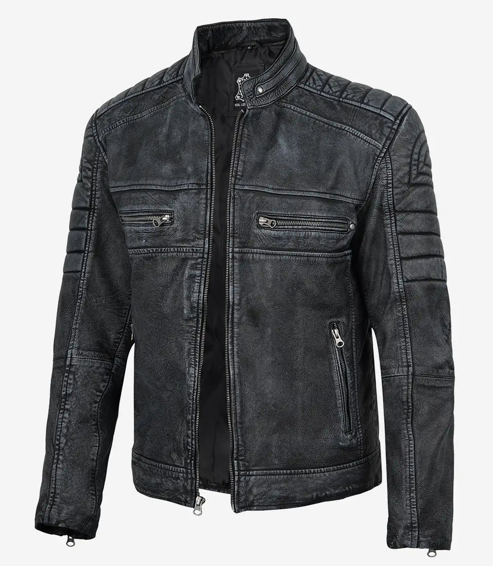 Homme Lavé Noir Vieilli Cuir Veste
