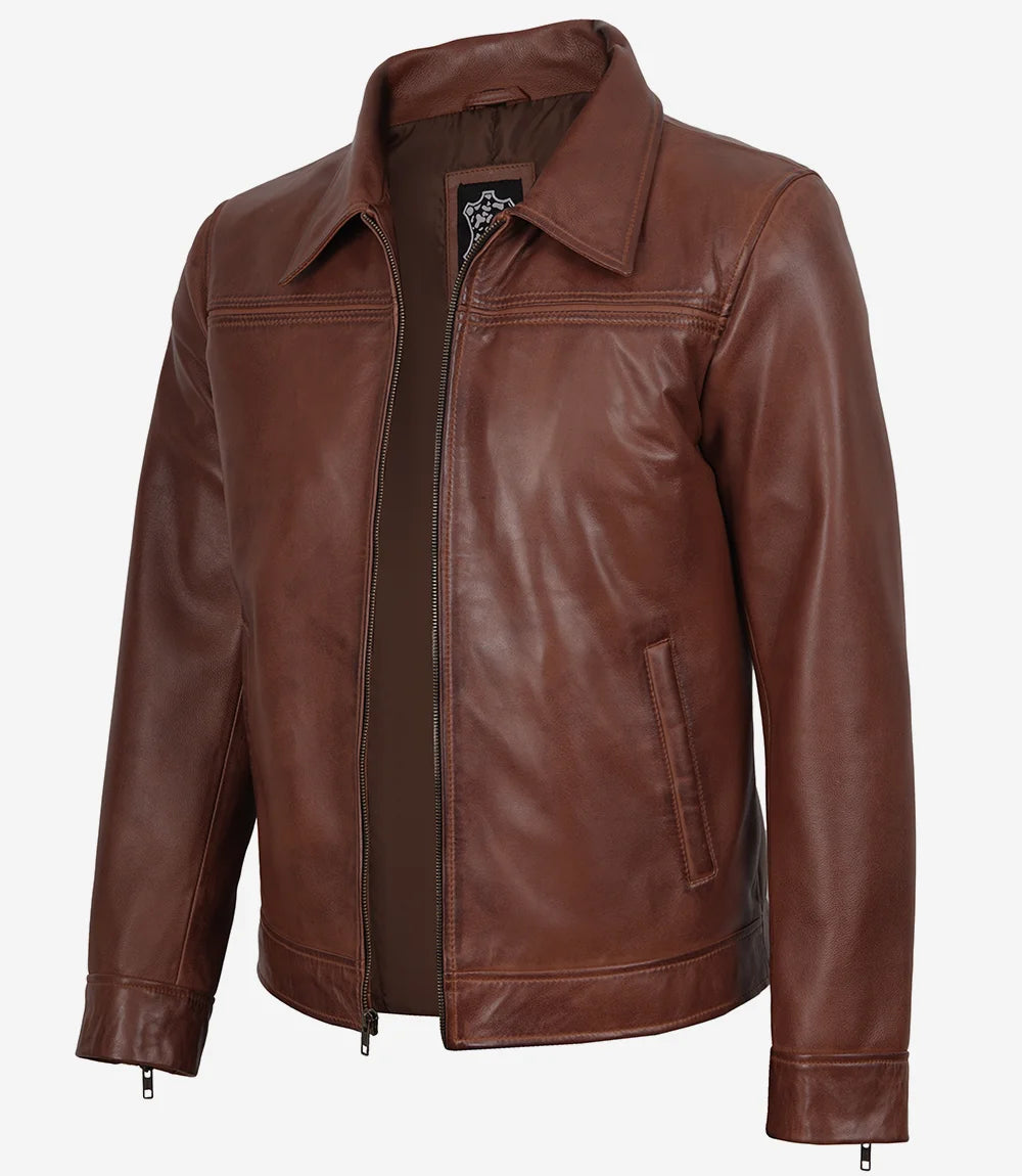 Homme Marron Cognac Harrington D'agneau Blouson En Cuir