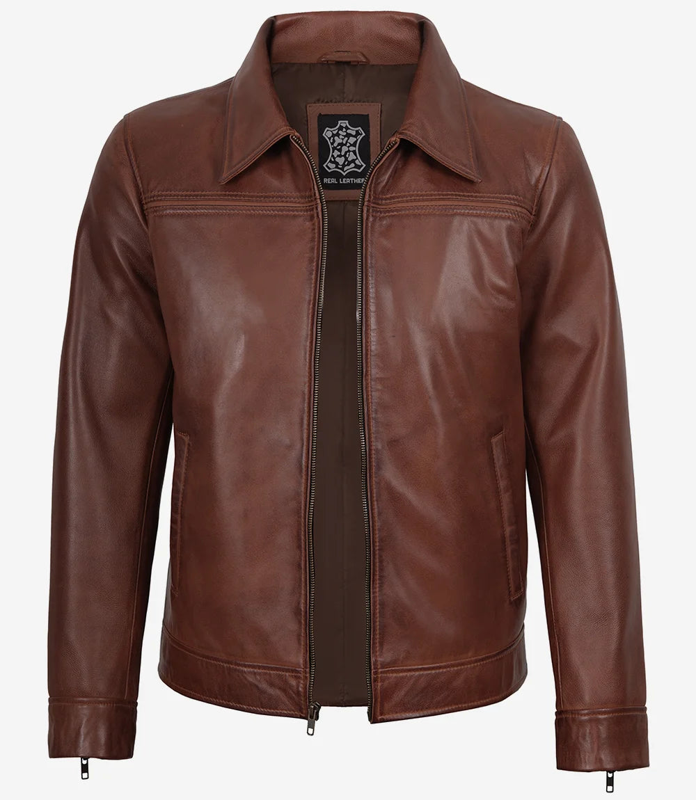 Homme Marron Cognac D'agneau Blouson En Cuir