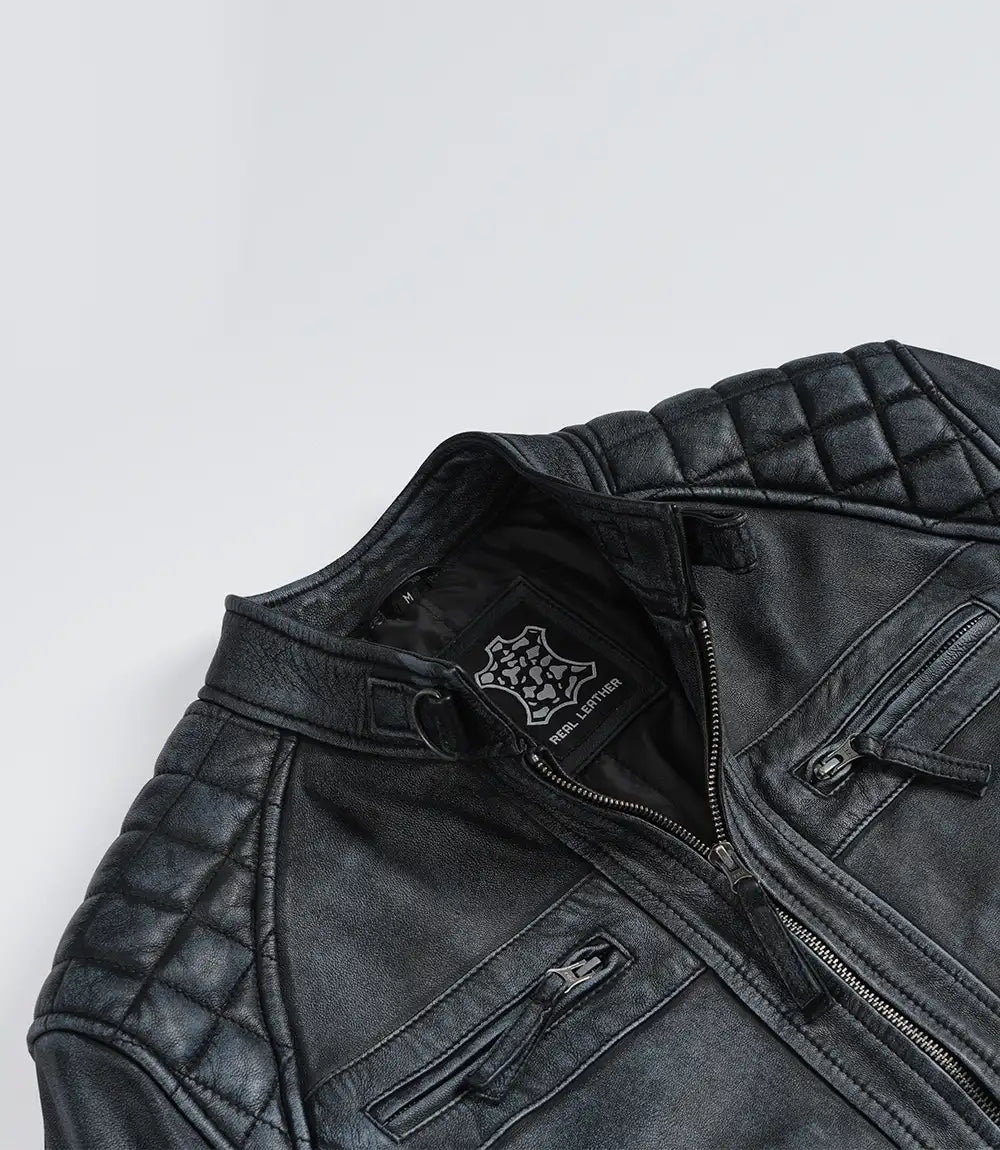 Johnson Noir Vieilli Lavé Blouson Biker en Cuir pour Homme