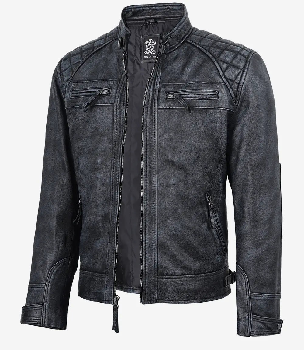 Noir Vieilli Lavé Blouson Biker en Cuir pour Homme