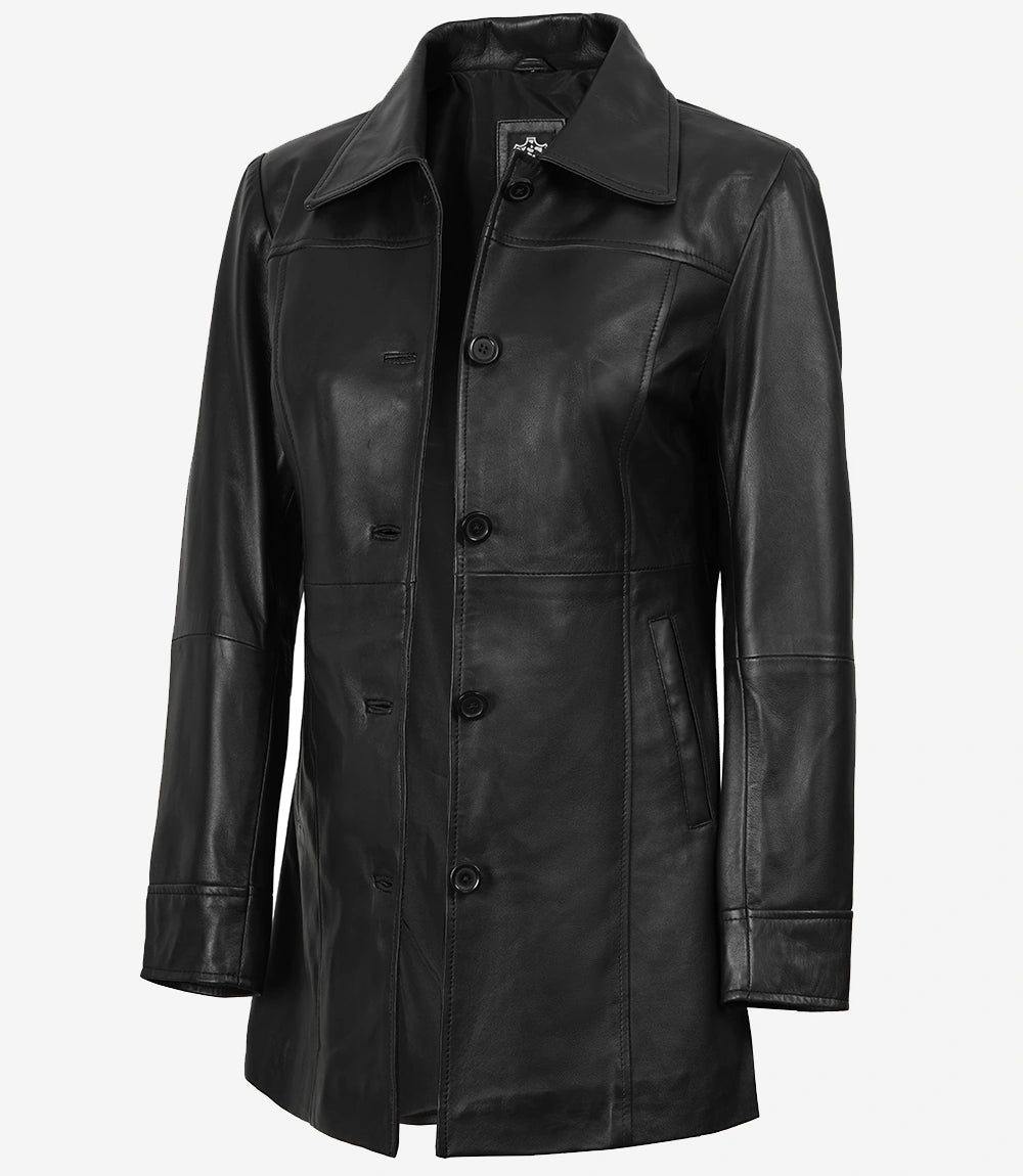 Kandis Manteau De Voiture En Cuir Noir Pour Femme