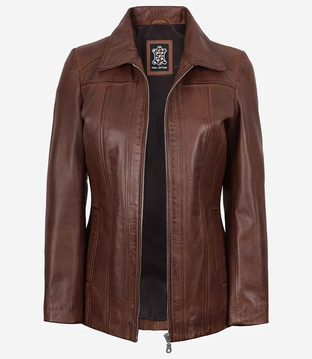 Manteau En Cuir Marron Cognac Pour Femme