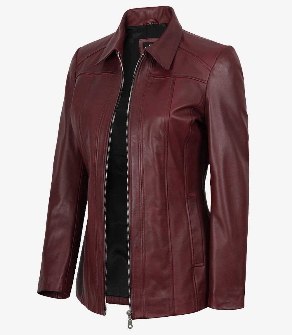 Marsha Manteau ¾ En Cuir Bourgogne