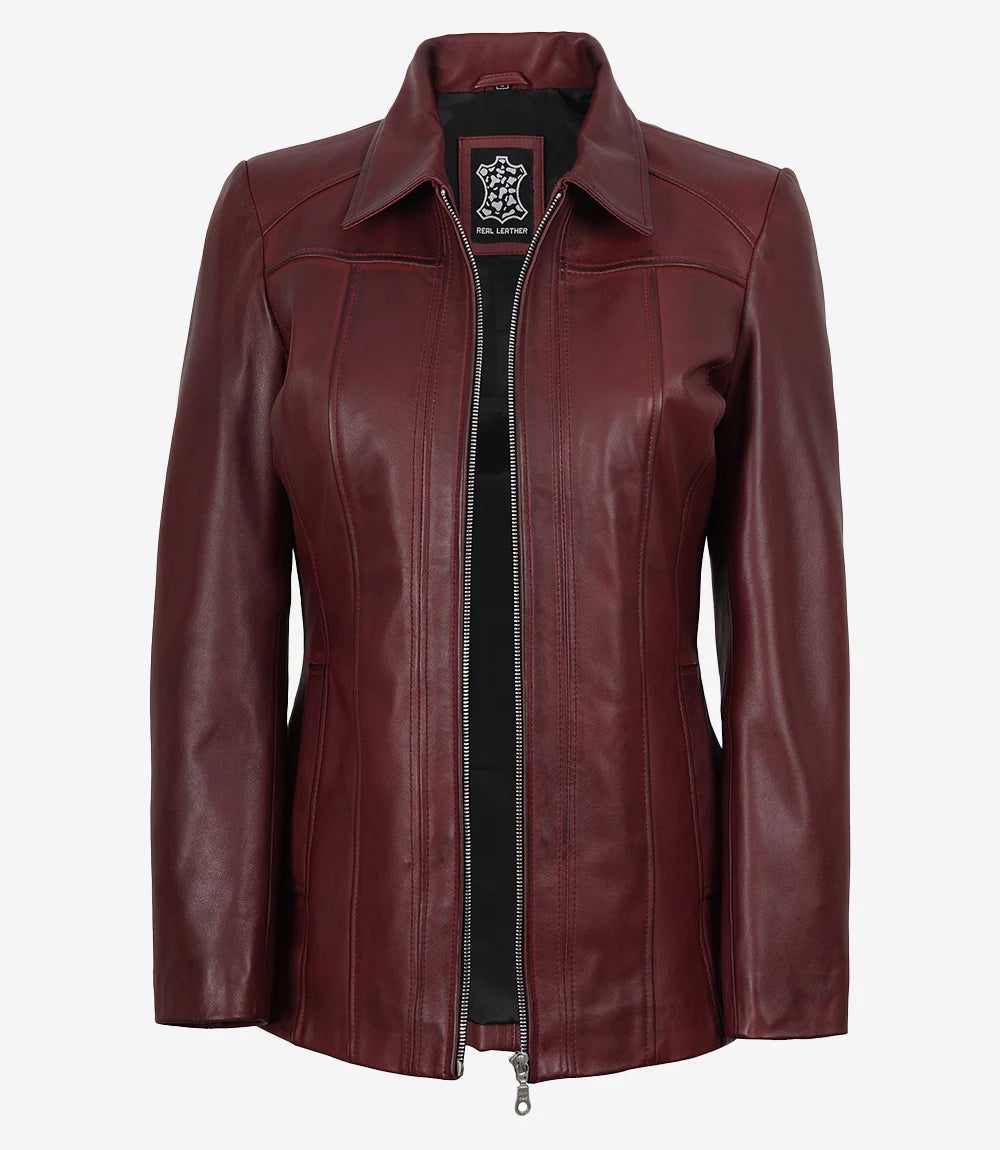 Manteau ¾ En Cuir Bourgogne Femme