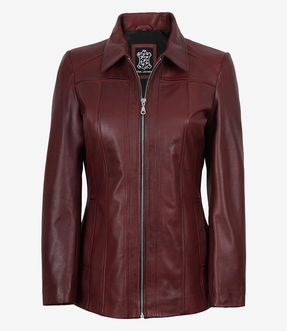 Manteau ¾ En Cuir Bourgogne Pour Femme