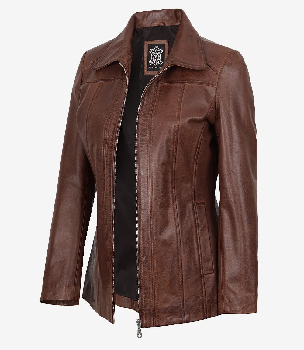 Manteau ¾ En Cuir Marron Cognac Pour Femme