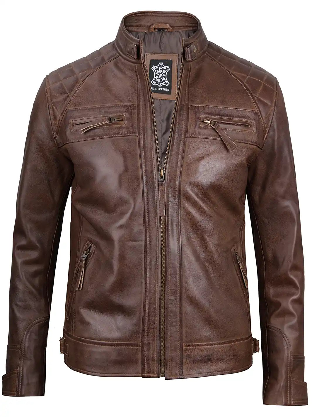Veste en cuir véritable Cafe Racer marron chocolat pour homme