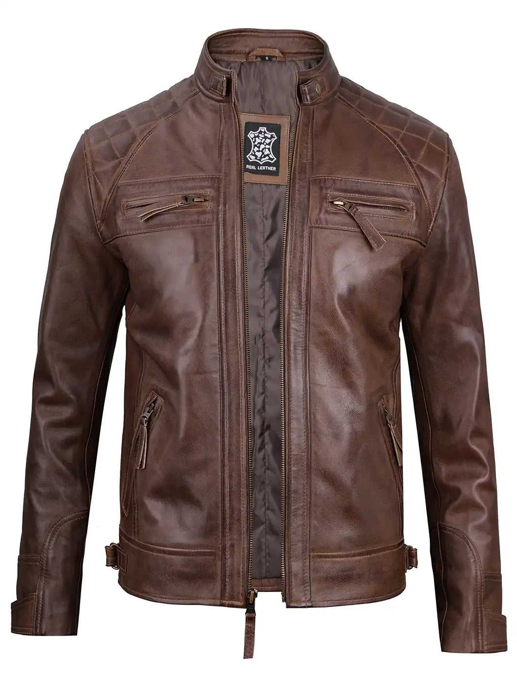 Veste en cuir véritable Cafe Racer marron chocolat pour homme