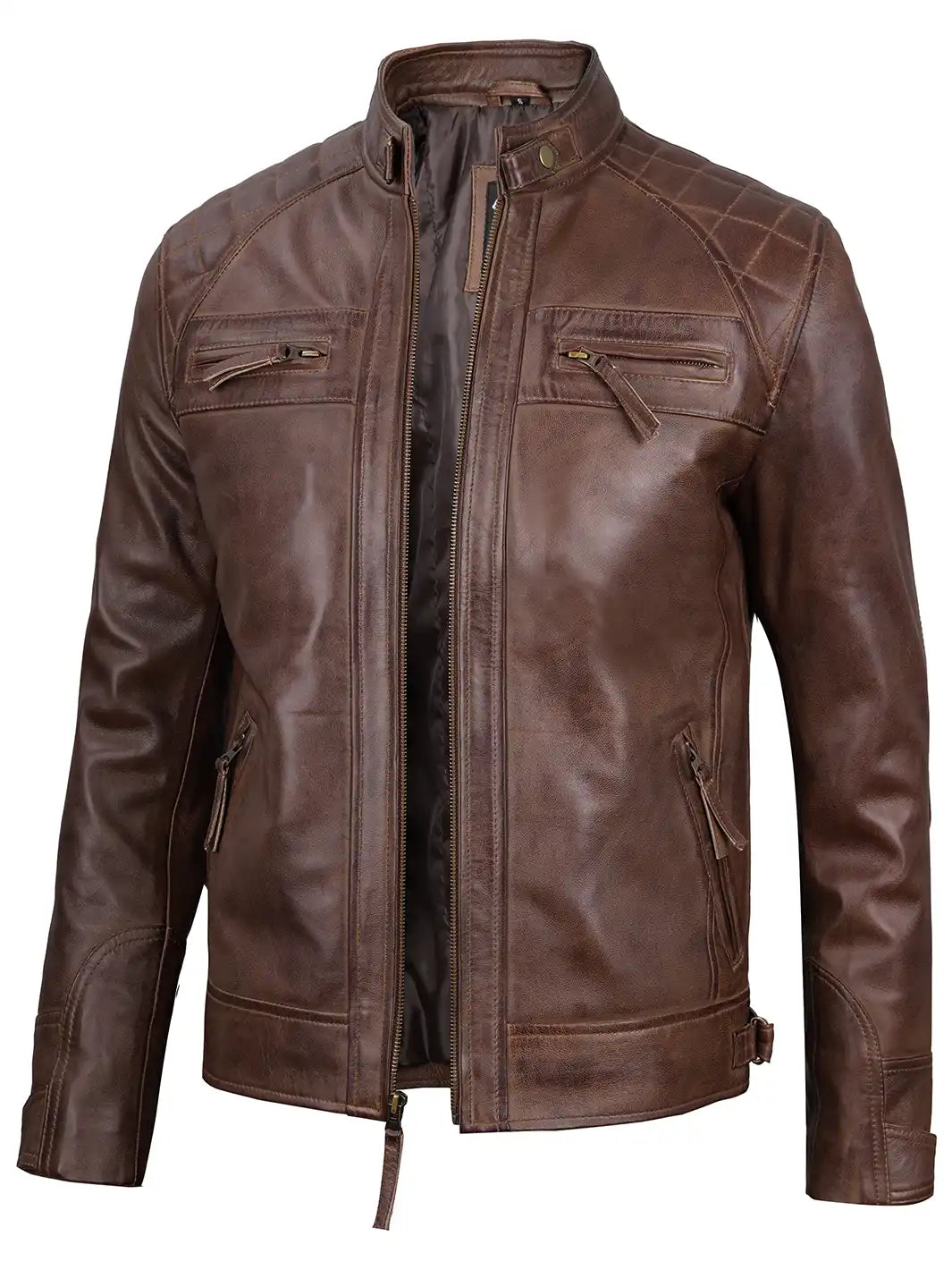 Veste en cuir véritable Cafe Racer marron chocolat pour homme