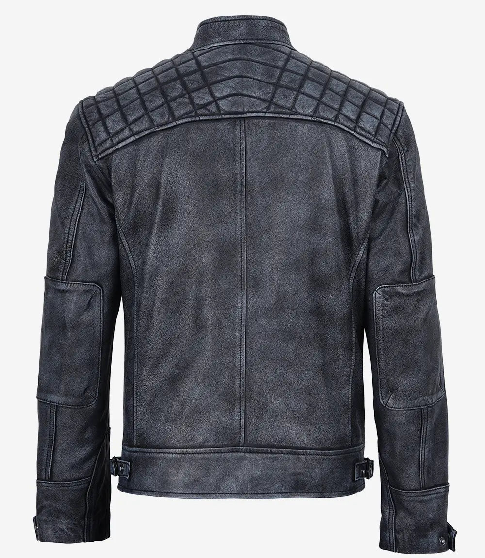 Johnson Noir Vieilli Lavé Blouson Biker en Cuir