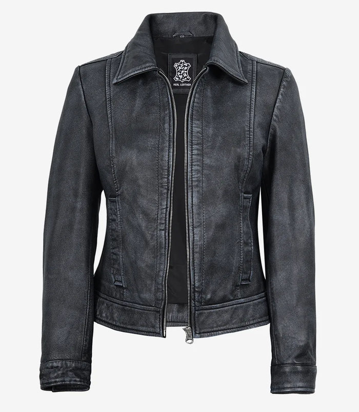 Noir Vintage Lavé Femme En Cuir Veste