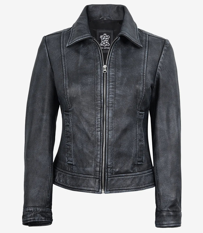 Vintage Lavé Pour Femme En Cuir Veste
