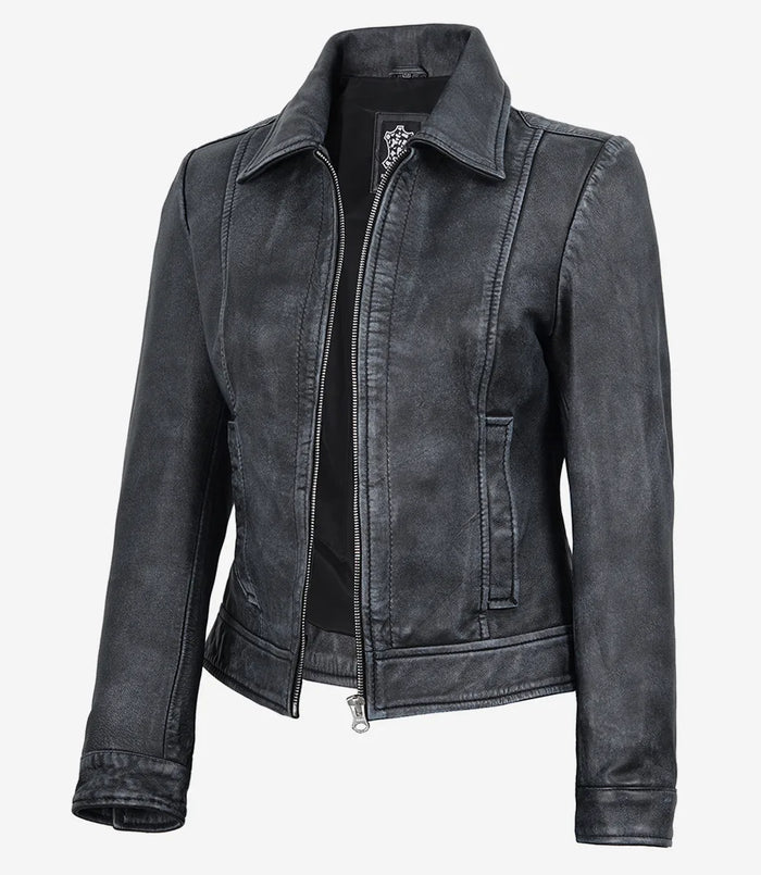 Noir Vintage Lavé Pour Femme En Cuir Harrington Veste