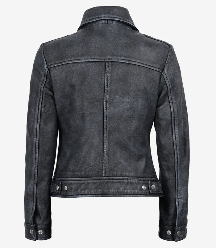 Noir Lavé Pour Femme En Cuir Harrington Veste