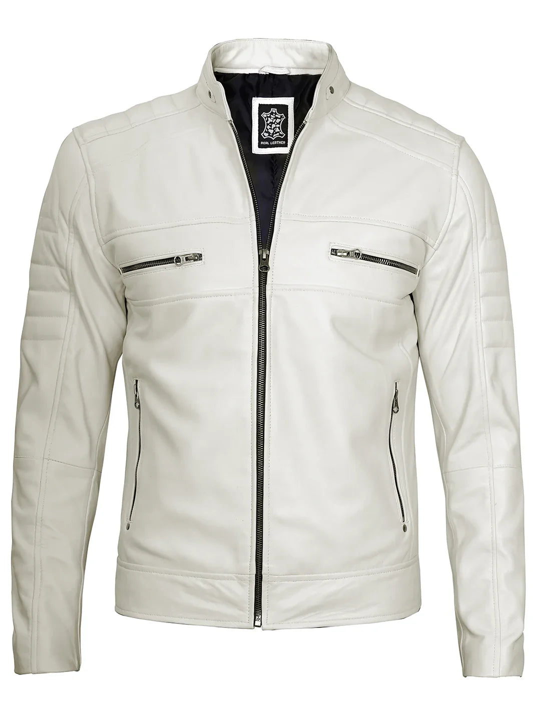 Veste en cuir véritable blanc cassé