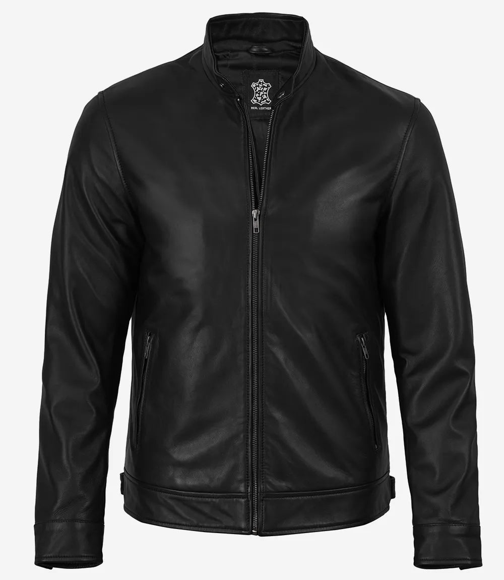 Owen Veste Cafe Racer en cuir véritable noir pour homme