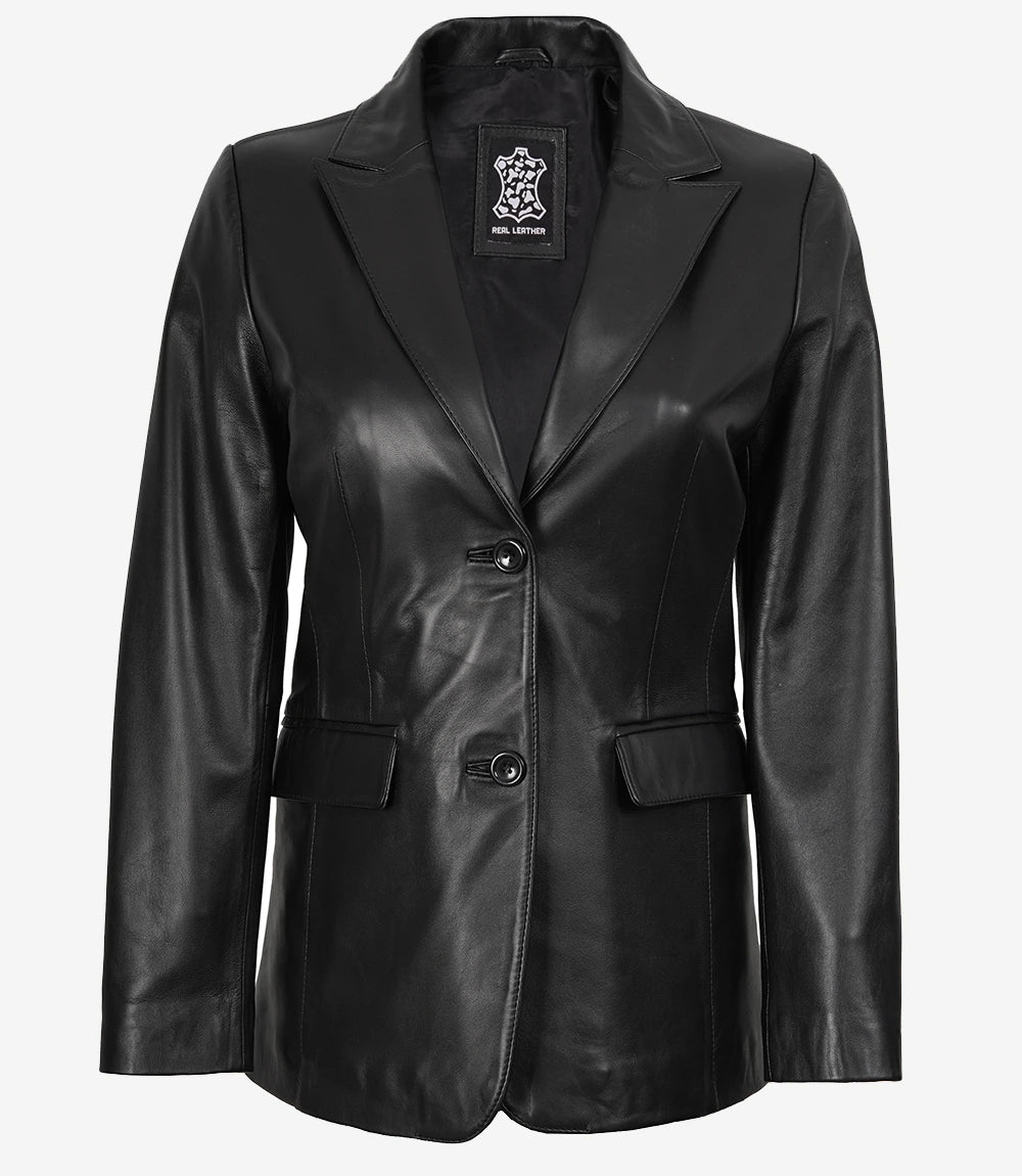 Pour Femme Véritable Noir à Deux Boutons Blazer En Cuir