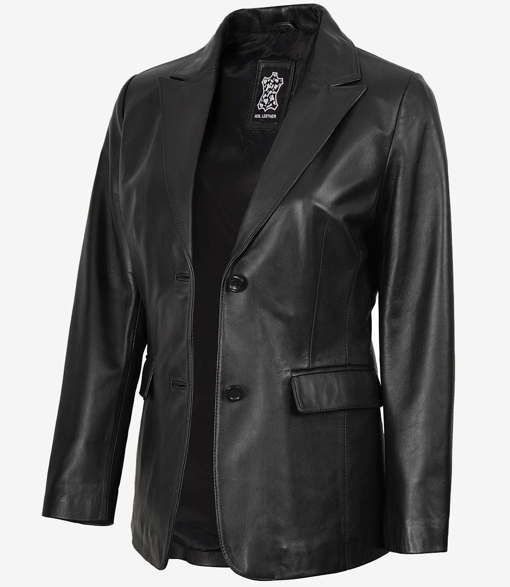Pour Femme Véritable Noir à Deux Boutons Blazer En Cuir
