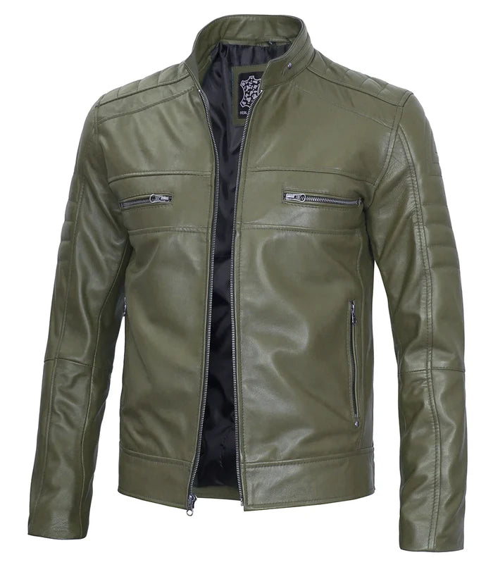 Pour Homme Café Racer Vert Foncé Véritable Veste en Cuir