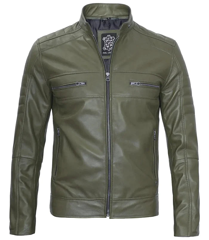Homme Café Racer Vert Foncé Véritable Veste en Cuir