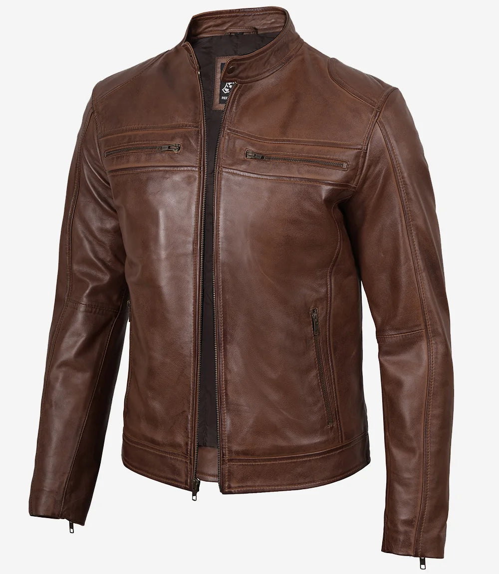 Pour Homme D’agneau Marron Cognac Veste Cafe Racer En Cuir