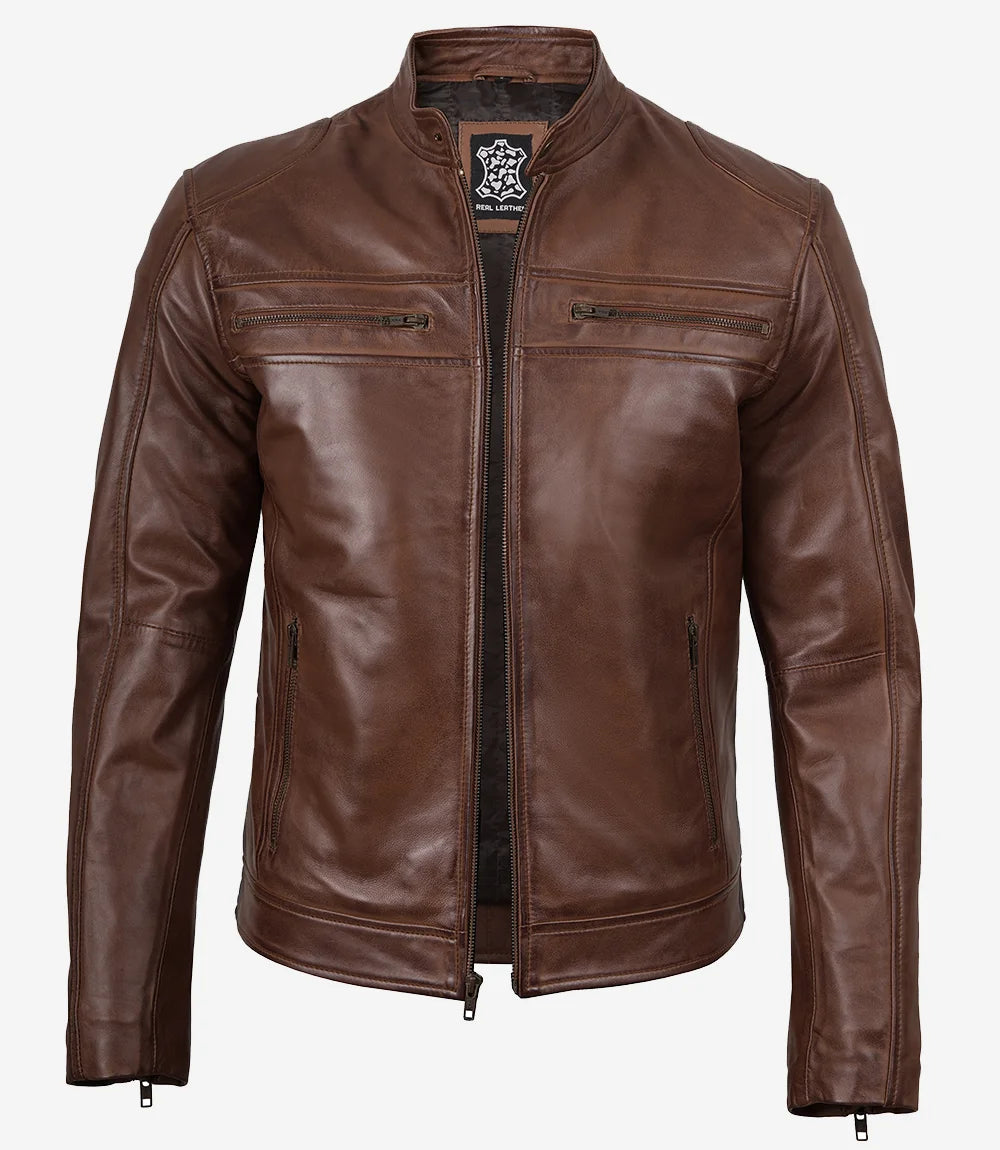Homme D’agneau Cognac Veste Cafe Racer En Cuir